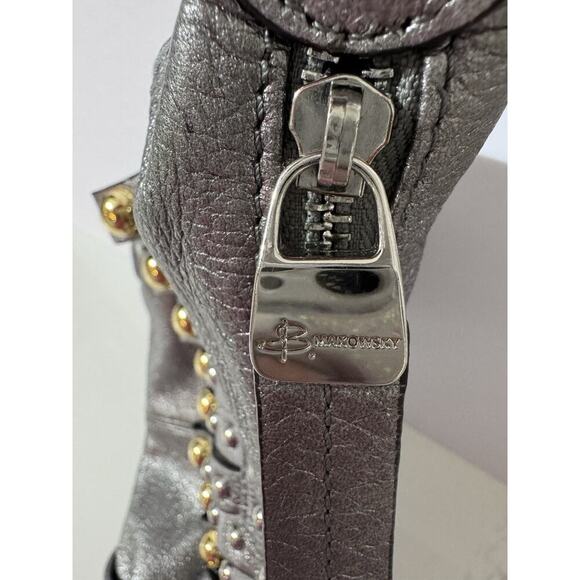 B. Makowsky Purse 100% Leather, Pewter Metallic, Metal Studs, Adjustable Strap - Picture 8 of 14